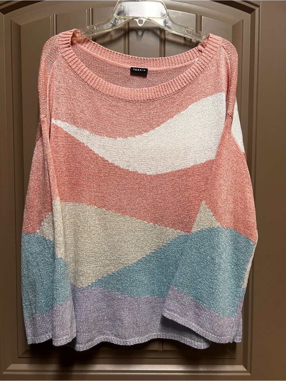 Torrid Off Shoulder Pullover Sweater Abstract Color Block Pink Blue Purple